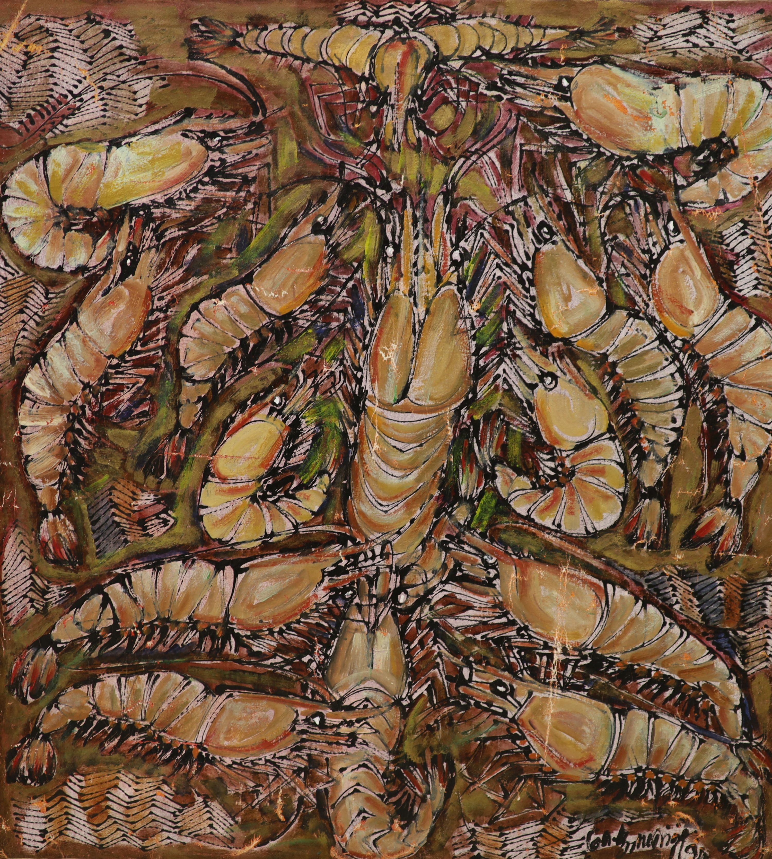 A modern oil on canvas, Prawns, indistinctly signed, 82 x 75cm. unframed.